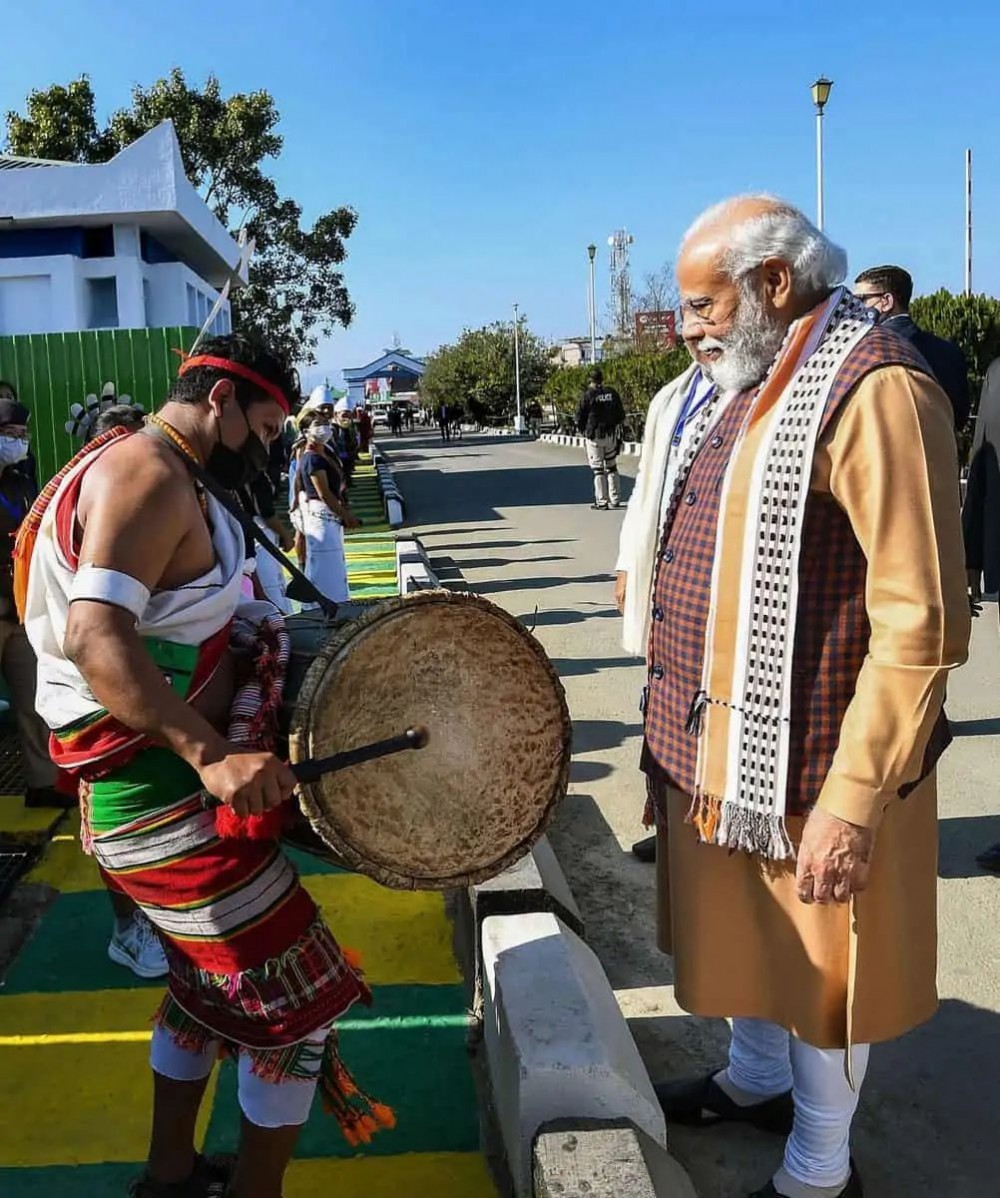 Imphal: Prime Minister Narendra Modi receives traditional welcome during his visit to poll-bound Manipur, Tuesday, Jan. 4, 2022. (PIB/PTI Photo)